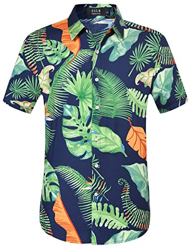 SSLR Mens Short Sleeve Button Down Shirts Hawaiian Shirts for Men (Large, Navy Green)