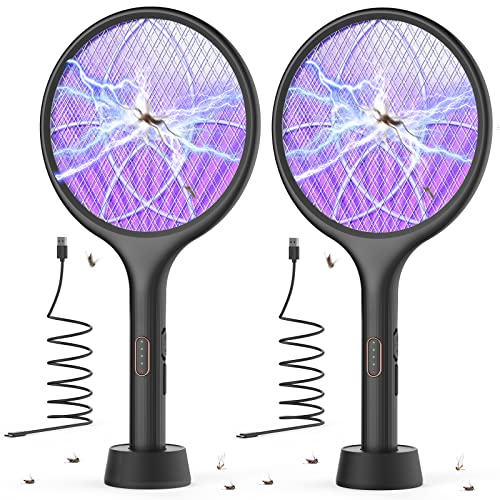 YISSVIC Electric Fly Swatter 4000V Bug Zapper Racket Dual Modes Mosquito Killer with Purple Mosquito Light Rechargeable for Indoor Home Office Backyard Patio Camping (Black)