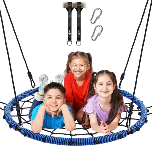 Trekassy 750lbs 40“ Spider Web Saucer Tree Swing for Kids Adults, Outdoor Net Swing with Steel Frame and 2 Hanging Straps-Blue