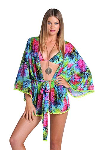 Luli Fama Women's Sea Salt Angel Pom Kimono Cover-Up, Multi, Medium/Large
