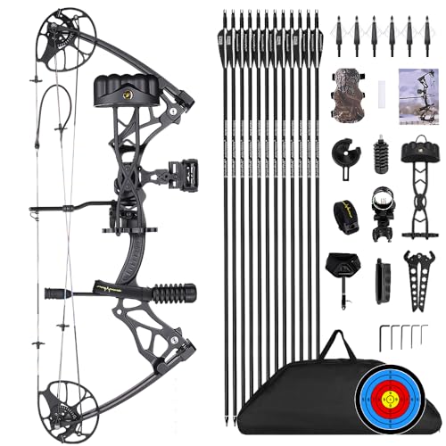 PANDARUS Compound Bow Package for Adults and Teens, 0-70 Lbs Draw Weight Limbs Made in USA,Lightweight Design，with Archery Hunting Equipment, Limited Life-time Warranty(Black Right Handed Pro)