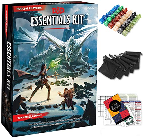 Dungeons and Dragons Essentials Kit - Starter Set & Extra 6 Dice Sets, Flannel Bags, Master Screen, Figures, New Heroes, Dice Guide, Statistic Sheets - DND 5th Edition Rolling Board Game for Friends
