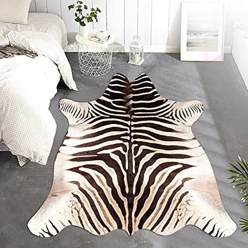 JINCHAN Zebra Print Area Rug Faux Skin Cowhide Animal Design Mat Faux Suede Safari Rug Indoor Floorcover for Bedroom Living Room 5x7 Safari Design