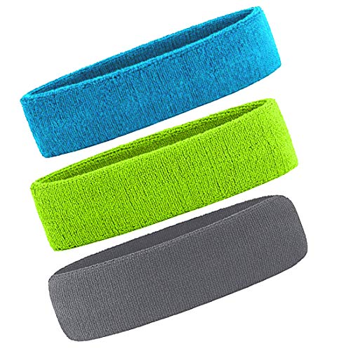 Men & Women Sweatband Headband Terry Cloth Moisture Wicking for Sports,Tennis,Gym,Work Out (Green,Blue,Gray) One Size