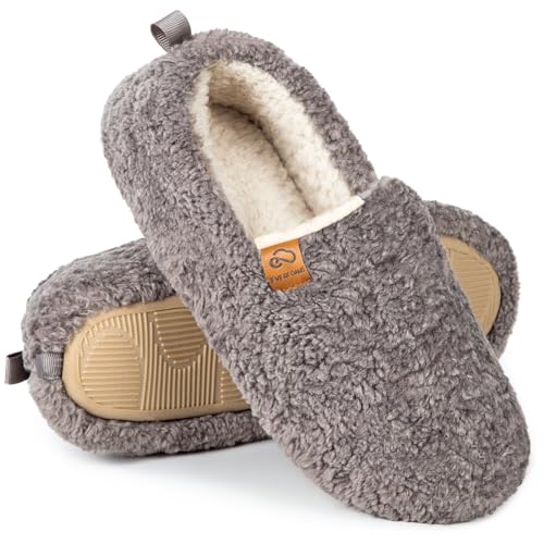 EverFoams Women's Soft Curly Comfy Full Slippers Memory Foam Lightweight House Shoes Cozy Warm Loafer with Polar Fleece Lining (Grey, Size 9-10 M US)