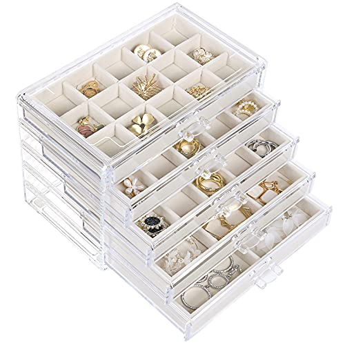 misaya Earring Jewelry Organizer with 5 Drawers, Gift for Women, Girls, Clear Acrylic Jewelry Box for Women, Velvet Earring Display Holder for Earrings Ring Bracelet Necklace, Cream