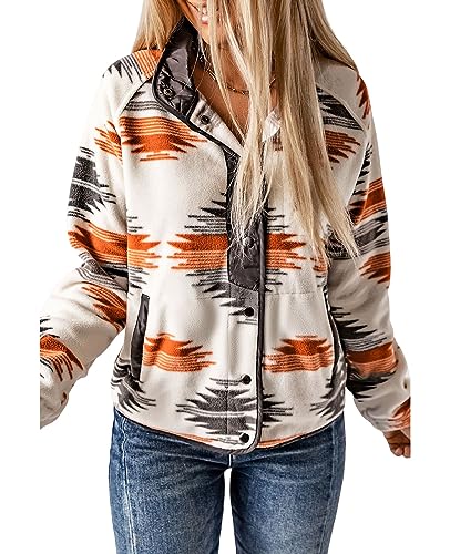 SELINK Womens Fleece Jacket Western Aztec Print Long Sleeve Snap Button Down Shacket Jackets with Pockets Grey-L