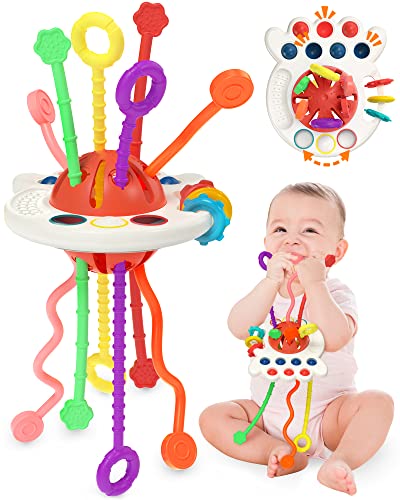 Yetonamr Baby Sensory Montessori Toy for 6-12-18 Months, Pull String Silicone Teething Toy, Birthday Gift Travel Toy for 1 2 Year Old Boy Girl Infant Toddlers 8 9 10 Months Old