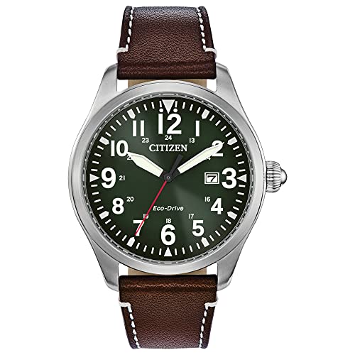 Citizen Men's Eco-Drive Weekender Garrison Field Watch in Stainless Steel with Brown Leather strap, Green Dial (Model: BM6838-09X)