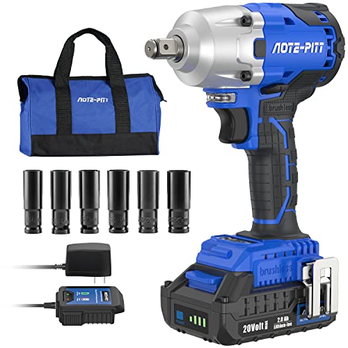 20V 370 Ft-lbs Brushless Impact Wrench Kit, 1/2 Inch Cordless Electric High Torque 3,400 IPM Impact Driver with 6 Pcs Drive Impact Sockets, 2.0Ah Battery, Fast Charger, and Tools Bag