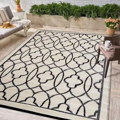 Reversible Mats - Outdoor Rugs 5'x8' for Patios Clearance, Plastic Straw Rugs Waterproof, Portable, Outdoor RV Camping Rug, Garden, Balcony, Picnic, Beach, Camping(Black & Beige)