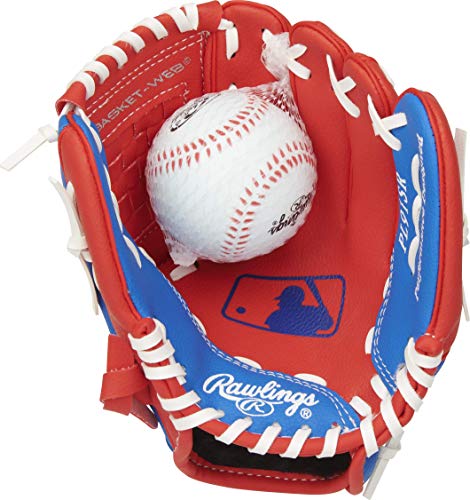 Rawlings | PLAYERS Series T-Ball & Youth Baseball Glove | Right Hand Throw | 9' | Red/Blue with Ball