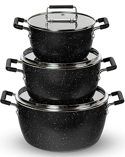 Granitestone 6 Pc Stackable Pot Set, Nesting Non Stick Pots with Lids, Cooking Pots Set, Stock Pot Set with 1.5/3 / 5 Qt Pots with Lids, Induction Cookware, Dishwasher Safe, Non Toxic - Black