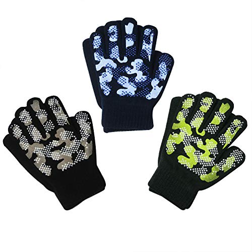 Evridwear Boys Girls Magic Stretch Gripper Gloves 3 Pair Pack Assortment, Kids One Size Winter Warm Gloves Children (3 Pairs Camo, 4-6Years)