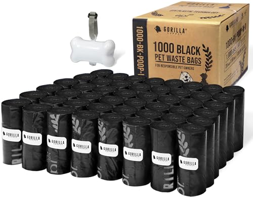 GORILLA SUPPLY Dog Poop Waste Bags with Dispenser and Leash Tie, 9' x 13', Black, 1000 Count