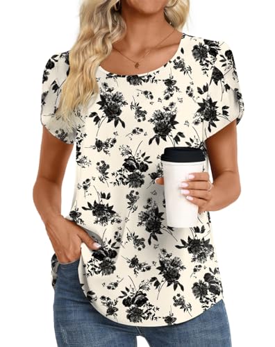HOTGIFT Women 2024 Summer Tunic Top Crewneck Ruffle Short Sleeve Blouse Flowy Loose Beach Shirt Black Rose Large