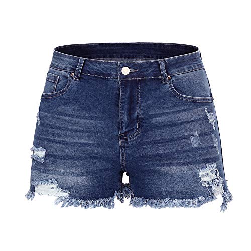 THUNDER STAR Women Mid Rise Ripped Stretchy Jeans Shorts Frayed Raw Hem Casual Denim Shorts Blue XXL