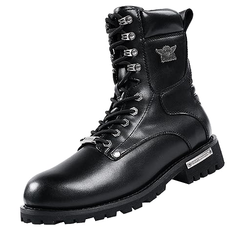 Dream Apparel Mens Motorcycle Boots for Riding Biker with Side Zipper, Waterproof Black Faux Leather Biker Boots Ankle Booties, Lace Up Military Combat Boots with Low Heel