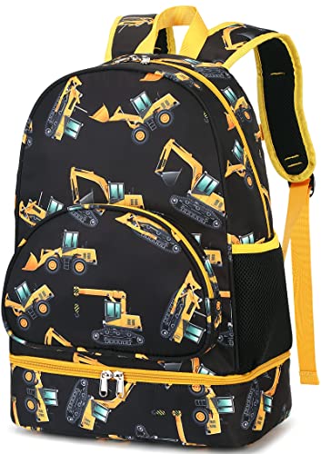LEDAOU Kids School Backpack with Lunch Cooler Compartment 2 in 1 Boys Girls Bookbag and Insulated Lunch Bag for Preschool Kindergarten Elementary (Construction Vehicle)