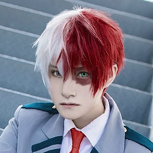 Anogol Hair Cap + Half Red Half White Wig Split Color Wigs, Short Red Cosplay Wig Short White Wig For Cosplay Costume, Synthetic Hair Half Color Wig Mixed Color Costume Wig For Men Boys Halloween Party Cosplay Wig(2PCS Set: 1 Wig+1 Hair Cap)