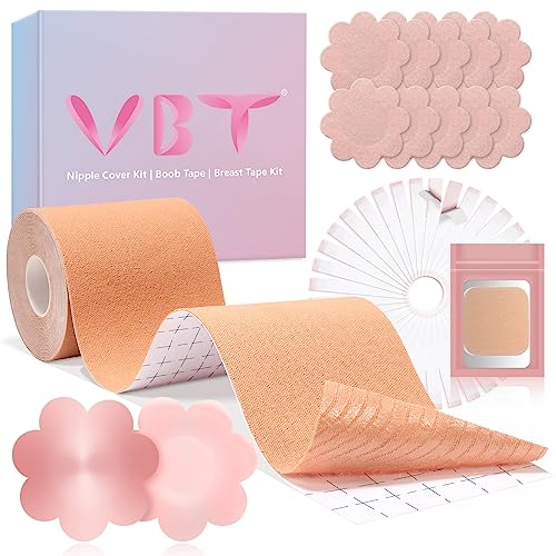 Boob Tape, Replace Your Bra-Instant Breast Tape, Suitable for A-G, Bob Tape for Breast Lift w 1 Breast Lift Tape, 5 Pairs Satin Breast Petals, 1 Pair Silicone Nipple Stickers, 36 PCS Double Sided Tape