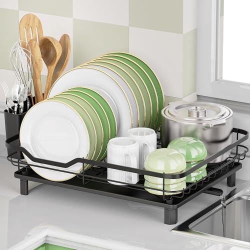 ROTTOGOON Dish Drying Rack, Stainless Steel Rustproof Dish Rack for Kitchen Counter, Sturdy Dish Drainer with Drainboard, Drainage, Utensil Holder for Various Kitchenware, 16.2'(L) x 12.6'(W), Black