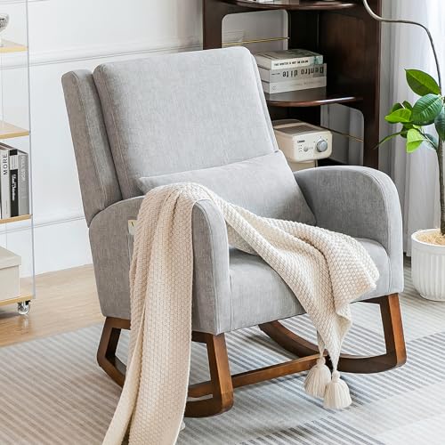 COCO DESIGN Nursery Rocking Chair, Indoor Upholstered Rocking Chair for Living Room, Modern Glider Rocker Chair w/Pillow, High Back Padded Seat Side Armchair (Grey)