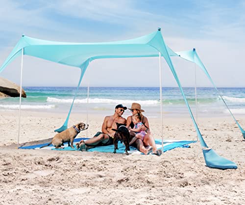 SUN NINJA Beach Tent Sun Shelter with UPF50+ Protection, Includes Sand Shovel, Ground Pegs and Stability Poles, Outdoor Pop Up Beach Shade Canopy for Camping, Fishing, Backyard Fun or Picnics