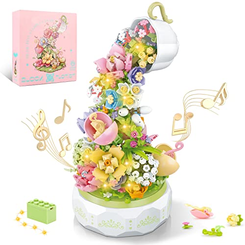 QLT Flowers Botanical Collection Music Rotating Box Building Block with Light (575 PCS) Compatible with Lego,6+ Girl's Toys for Mother's Day, Valentine and Birthday Gifts