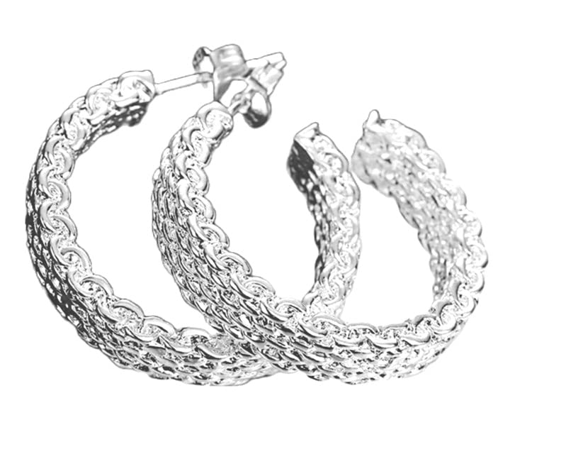 New Elegantly Designed Mesh Sterling Silver Hoop Earrings 26.5mm Round with Straight Silver Ear post