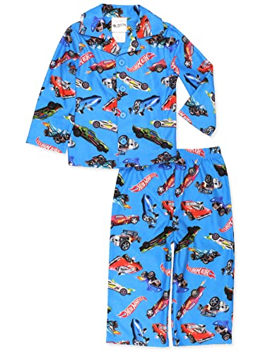 Hot Wheels Racecar Toddler and Boys Flannel Coat Style Pajama Set (4T, Blue)