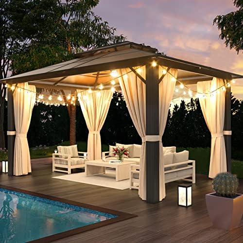 Jolydale 10'x13' Hardtop Gazebo, Double Roof Gazebo, Aluminum Frame Permanent Pavilion with Netting and Curtains, Outdoor Polycarbonate Gazebo, for Patios, Gardens, Lawns