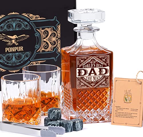 PONPUR Gifts for Men Dad, Whiskey Decanter Set with 2 Glasses, Unique Cool Dad Birthday Gift from Daughter Son, Best Fathers Day Christmas Retirement Present for Man Father