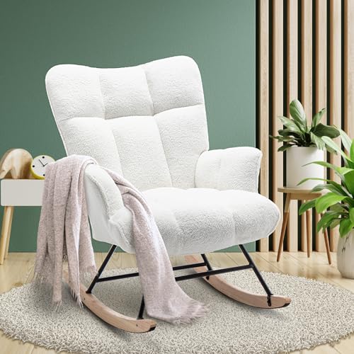 SAETSFEG Nursery Rocking Chair Teddy, Upholstered Glider Rocker with High Backrest, Comfortable Stylish Accent Armchair with Padded Seat for Living Rooms, Bedrooms, Offices, White