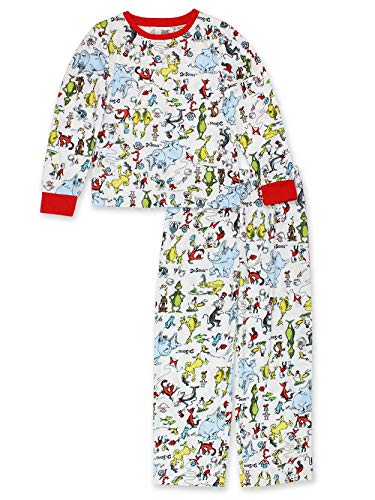Dr. Seuss The Grinch Cat in the Hat Kids Unisex Long Sleeve 2-Piece Pajamas Set (5, White/Multi)