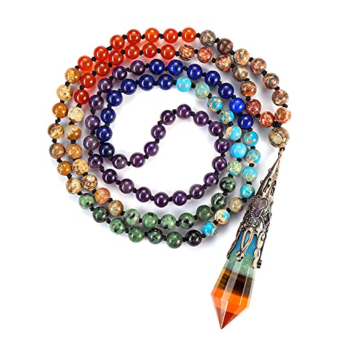 GEHECRST Natural 7 Chakra 108 Mala Prayer Beads Necklace with Reiki 12 Faceted Healing Crystal Pointed Pendant Multilayer 6mm Gemstones Beads Bracelet Mens Women Jewelry for Meditation, Protection