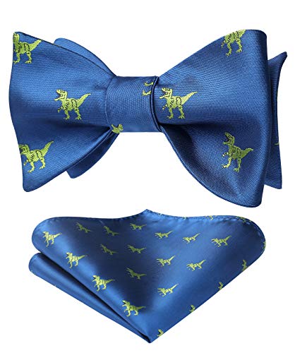 HISDERN Mens Bow Tie Self Tie Blue Bowties Pocket Square Animal Woven Silk Dinosaur Bowtie Handkerchief Set for Wedding Party