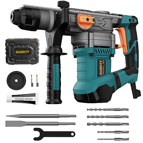 GLORITY 1-1/4 Inch SDS-Plus 13 Amp Heavy Duty Rotary Hammer Drill with Aluminum Alloy Housing, Safety Clutch 4 Functions and Variable Speed, Including 5 Drill Bits, Flat Chisels, Point Chisels. RH20A