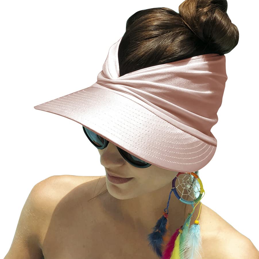 Mukeyo Womens Sun Visor Hats Wide Brim UV Protection Summer Visors Packable Ponytail Beach Cap for Sport Travel Pink