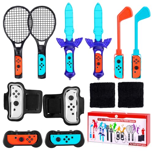 SIKEMAY Nintendo Switch Sports Accessories, 12-in-1 Bundle for Nintendo Switch Games, Switch Sports Set for Nintendo Switch Games, with Switch Controllers Joy-Con Grips, Tennis Rackets, Etc