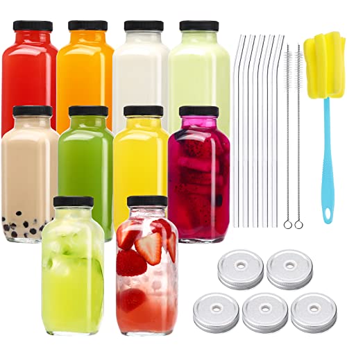 CUCUMI 10pcs 16oz Glass Juice Bottles with Lids, Reusable Juice Containers Drinking Jars Water Cups with Brush, Glass Straws, Lids with Hole