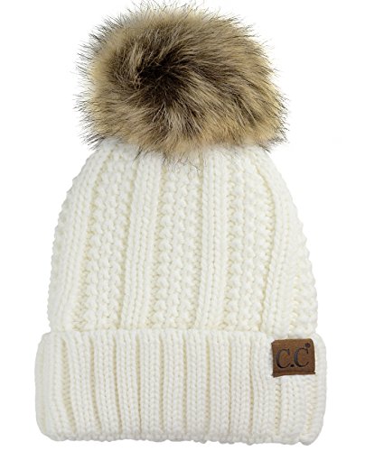 C.C Thick Cable Knit Faux Fuzzy Fur Pom Fleece Lined Skull Cap Cuff Beanie, Ivory