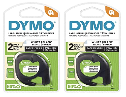 Dymo 10697 Self-Adhesive White Paper Labeling Tape for LetraTag, 2 Blister Packs (4 Refills), Black on White, 2 Count (Pack of 2)