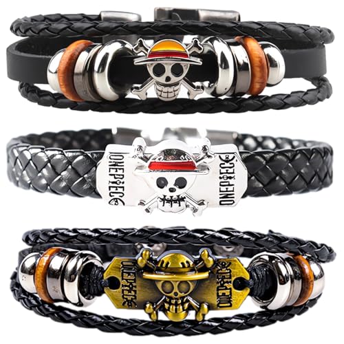 Nuahyaz 3Pcs Anime Leather Bracelets | Luffy Straw Hat Regiment Skull - Punk Alloy Cuff Wristband, Cosplay Jewelry Gift for OP Fans | Gift Box Wrap