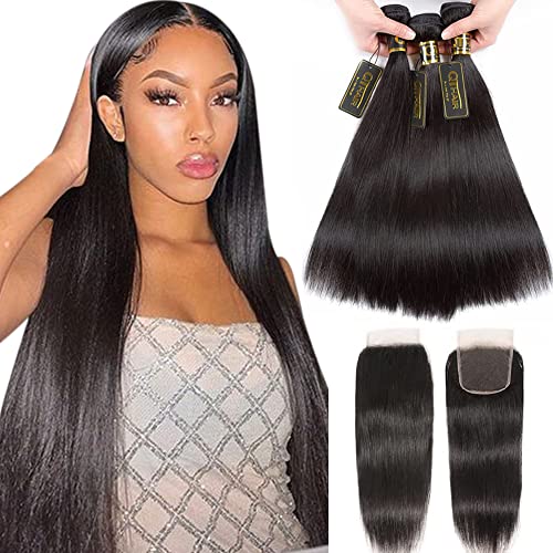 QTHAIR 12A Grade Brazilian Straight Human Hair Bundles with Closure(16' 18' 20'+16'Free Part Lace Closure,Natural Black) 100% Unprocessed Brazilian Virgin Hair Extensions for Black Women