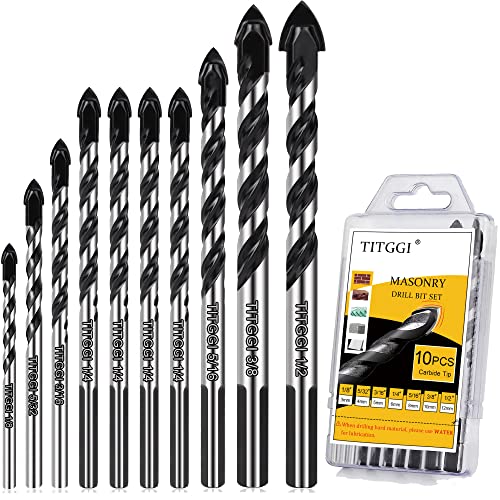 Professional Masonry Drill Bit Set (10PCS) for Glass/Brick/Plastic/Cement/Wood/Tile/Etc, Industrial Strength Carbide Drill Bit Tip, 1/8'-1/2' by TITGGI