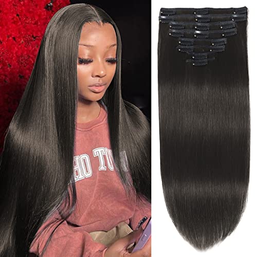 MOTFIN Straight Clip in Hair Extensions Real Human Hair Clip ins Hair Extensions for Women 8pcs Clip on Hair Extensions 18Clips Double Weft Brazilian Remy Natural Black Human Hair (18inch, 1b)