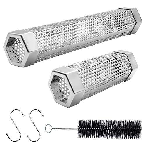 Pellet Smoker Tube Set, 6' & 12' Stainless Steel BBQ Wood Smoker Tube with Brush and 2 Hooks for 2.5hrs/5hrs of Billowing Cold/Hot Smoking for All Grills or Smokers, Smoking Cheese Beef Nuts Fish
