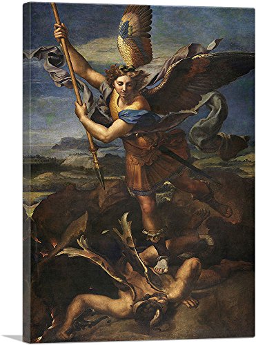 ARTCANVAS St. Michael Vanquishing Satan 1518 Canvas Art Print Stretched Framed Painting Picture Poster Giclee Wall Decor by Raphael - 26' x 18' (0.75' Deep)