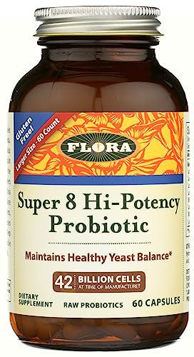 Flora - Super 8 Hi Potency Probiotics 60 Count - Healthy Yeast Balance & Digestive Health - For Men & Women - 42 Billion CFU, Raw, Gluten Free - Up to 2 Month Supply